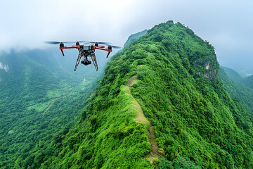 Obraz premium Drone flying over lush green mountains aerial landscape