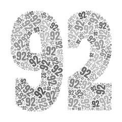 Grayscale word cloud forming the number 92, with repeated text in various sizes.