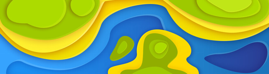 Paper cut river topography relief. Vector illustration of papercut blue water flow, yellow sand, green forest layers top view, 3d map texture, bright color cutout nature, abstract origami landscape