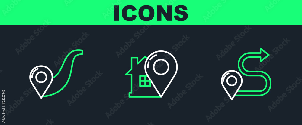 Poster set line route location, and map pointer with house icon. vector