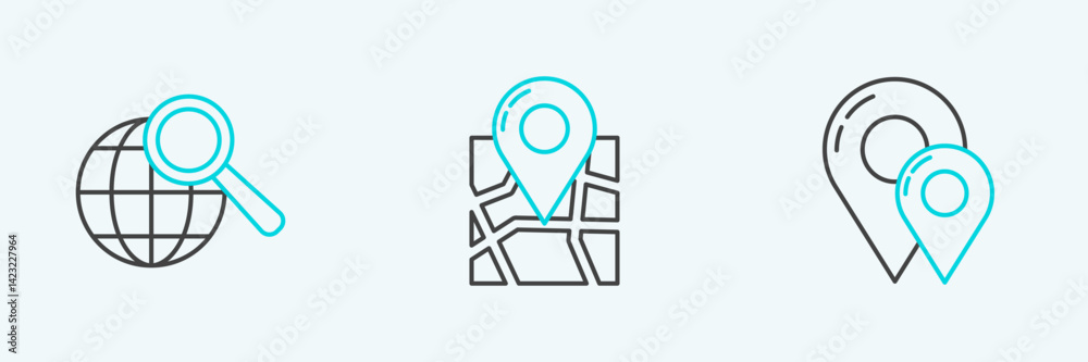 Poster set line map pin, magnifying glass with globe and folded map location marker icon. vector
