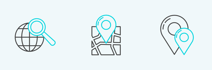 Set line Map pin, Magnifying glass with globe and Folded map location marker icon. Vector