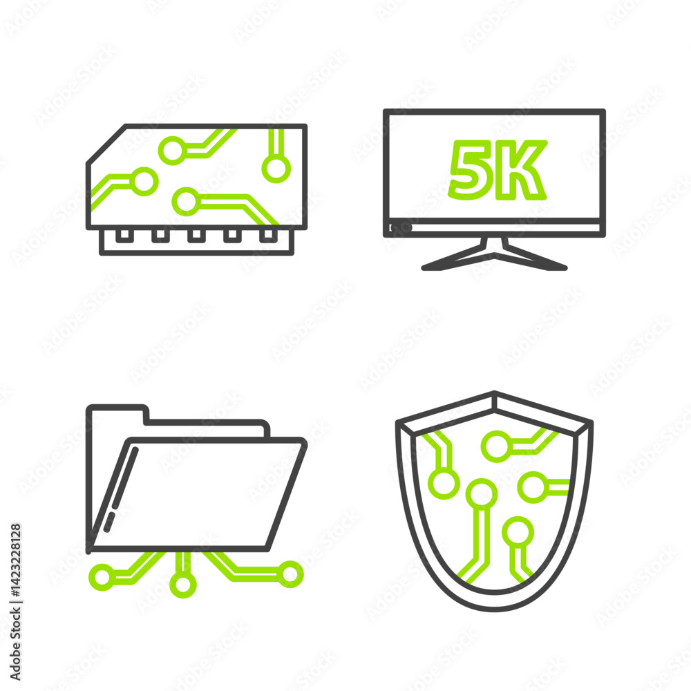 Poster set line cyber security, folder and lock, monitor display with 5k video and ram, random access memor