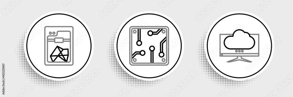Poster set line computer monitor screen, 3d printer and processor icon. vector