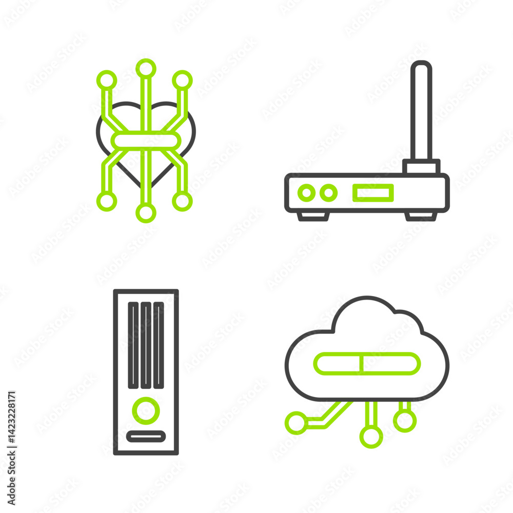 Poster set line internet of things, video game console, router and wi-fi signal and processor icon. vector