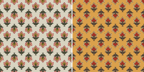 Seamless Kalamkari Multicolor Ikat Lotus Block Print Repeat Traditional Vector Pattern