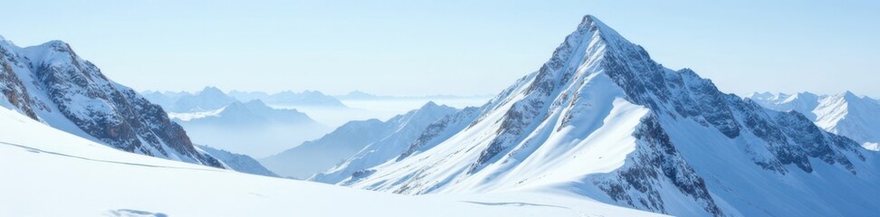 Fototapeta premium Snowy mountain peak with icy cliffs and swirling snowdrifts, snowdrifts, peak