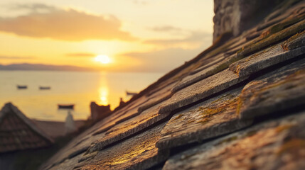 Obraz premium Serene sunset over grey roof shingles with garret house by the sea