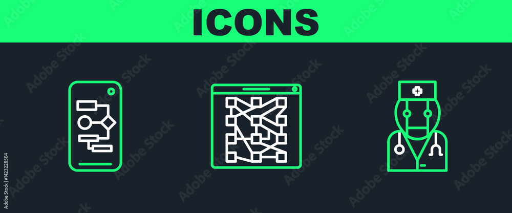 Poster set line robot doctor, algorithm and global technology social network icon. vector