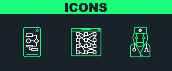 Set line Robot doctor, Algorithm and Global technology social network icon. Vector
