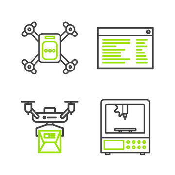 Set line 3D printer, Drone delivery concept, Software, web developer programming code and flying with action camera icon. Vector
