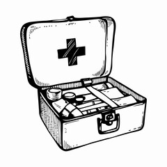 Illustration of an Open First Aid Kit Showing Medical Supplies and Tools with a Red Cross Symbol Representing First Aid and Emergency Care