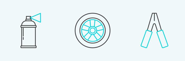 Fototapeta premium Set line Car battery jumper power cable, Paint spray can and wheel icon. Vector