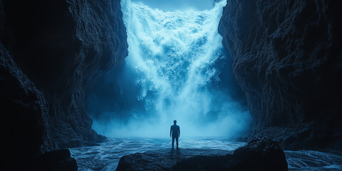 A lone figure stands silhouetted before a massive, ethereal blue waterfall cascading into a dark cave.  Use for fantasy or adventure themes. © dede