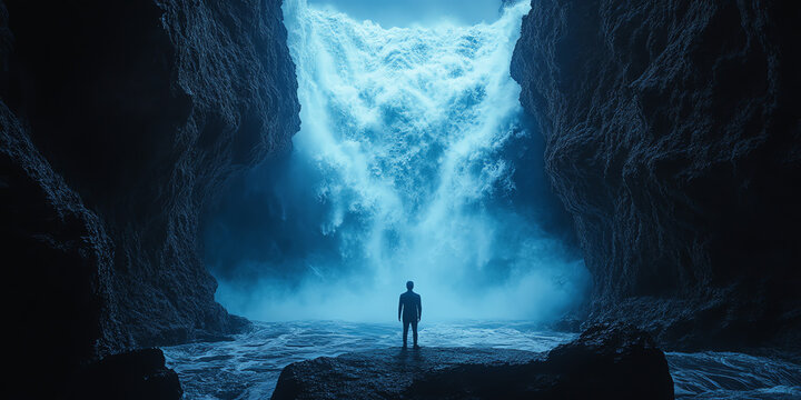 A lone figure stands silhouetted before a massive, ethereal blue waterfall cascading into a dark cave.  Use for fantasy or adventure themes.