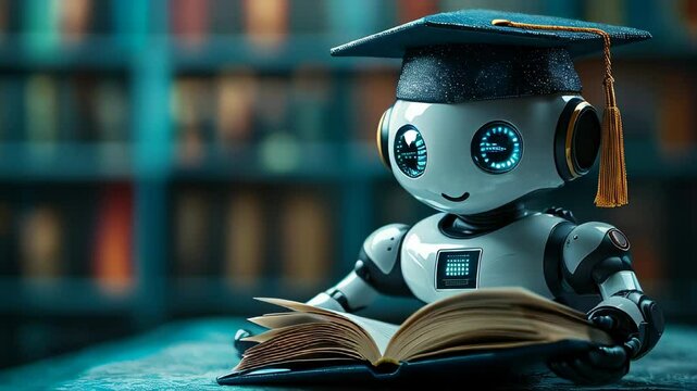 A robot equipped with expressive digital eyes and a graduation cap is concentrating on reading a book in a cozy library filled with shelves of books.