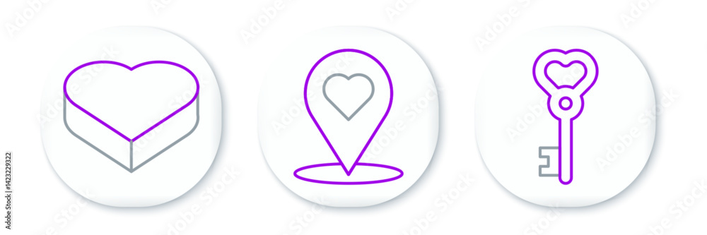 Poster set line key in heart shape, candy shaped box and map pointer with icon. vector