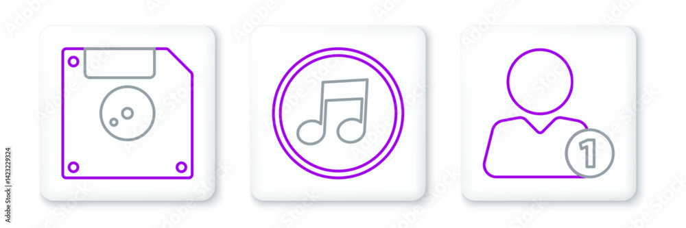 Poster set line add to friend, floppy disk for computer data storage and music note, tone icon. vector