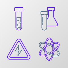 Set line Atom, High voltage sign, Test tube and flask chemical and icon. Vector