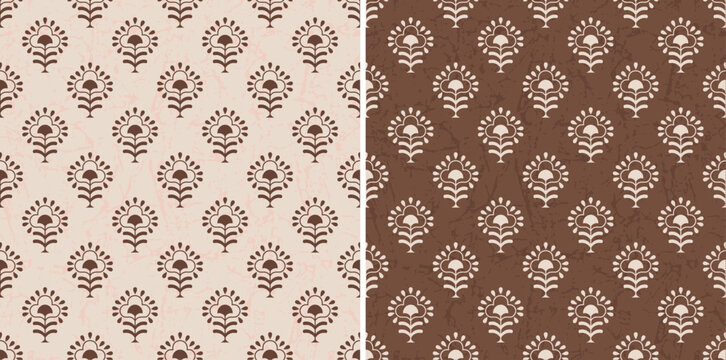 Brown Damask Motif Retro Block Print Repeat Vector Pattern