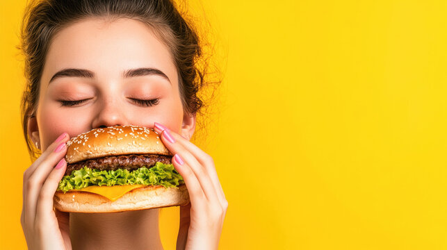 Joyful enjoyment of a young woman relishing a delicious burger against a vibrant yellow background