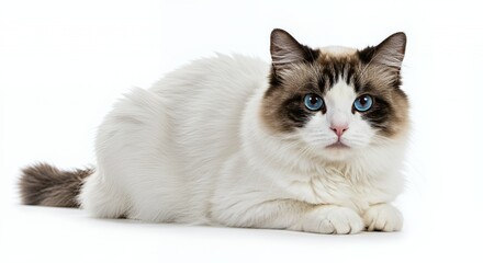 Fluffy White Cat with Unique Facial Markings and Striking Blue Eyes Isolated on White Background Lying Down in Studio Lighting for Pet Themed Projects and Decorative Art