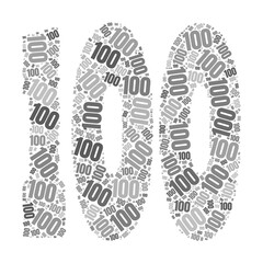 Grayscale word cloud forming the number 100, with repeated text in various sizes.