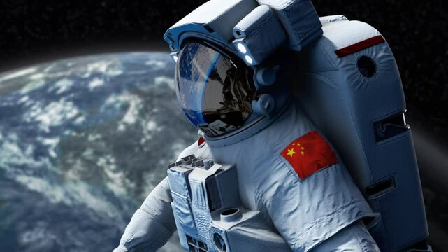 China Astronaut with arm patch flag floating through space. Space program. Spaceman. Earth in background. The country showing national pride. 