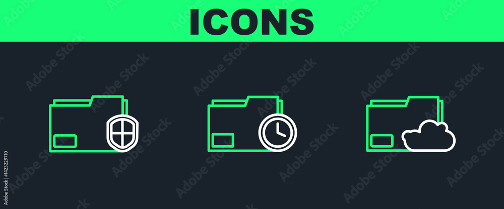 Poster set line cloud storage text document folder, document protection and with clock icon. vector