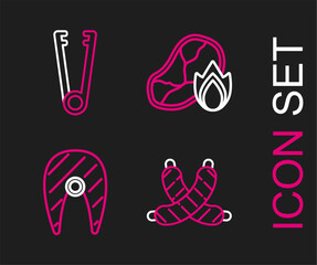 Set line Crossed sausage, Fish steak, Grilled meat and fire flame and Meat tongs icon. Vector