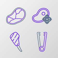 Set line Meat tongs, Rib eye steak, Fresh frozen meat and Steak icon. Vector