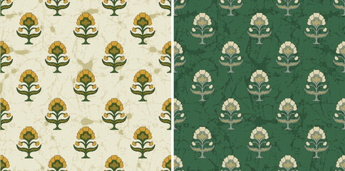 Traditional Floral Ajrakh Kalamkari Retro Block Print Textured Repeat Abstract Vector Pattern