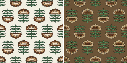 Traditional Ajrakh Floral Kalamkari Block Print Repeat Vector Pattern, 