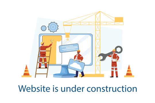 Colorful vector error page template featuring construction crew working on website display with tools