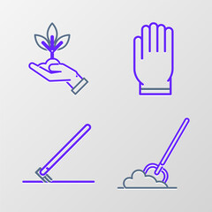 Set line Shovel in the ground, Garden rake work, gloves and Plant hand of environmental protection icon. Vector