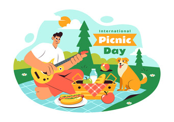 International Picnic Day Vector Illustration Featuring a Family with Table and Food Basket Enjoying a Pleasant Summer Day in the Park in a Background