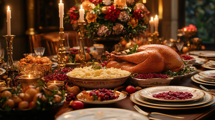 A beautifully decorated Thanksgiving dinner table featuring classic dishes like mashed potatoes, cranberry sauce, and roasted turkey, warmly lit by soft candlelight