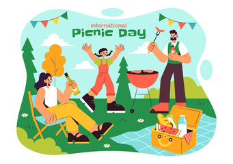 International Picnic Day Vector Illustration Featuring a Family with Table and Food Basket Enjoying a Pleasant Summer Day in the Park in a Background