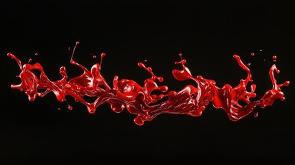 A red splash of paint is splattered across a black background. The splatter is long and wide, creating a sense of movement and energy. The red color is bold and vibrant