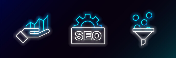 Set line Lead management, Pie chart infographic and SEO optimization icon. Glowing neon. Vector