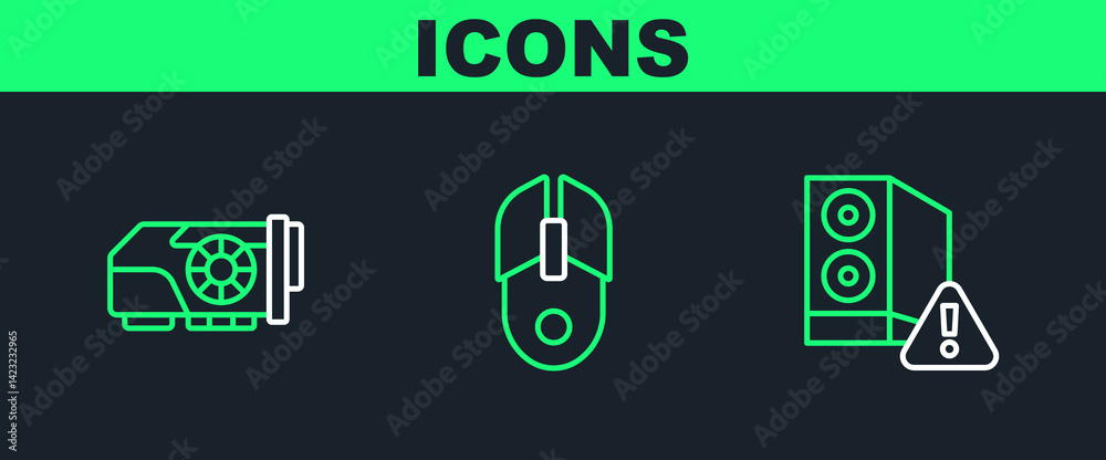 Poster set line case of computer, video graphic card and computer mouse icon. vector
