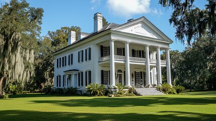 Fototapeta premium A grand, white plantation house stands majestically on a grassy lawn.