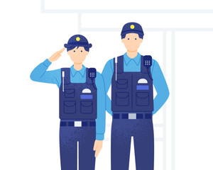 交番の前で敬礼する警察官。地域を守る警察官のベクターイラスト素材。