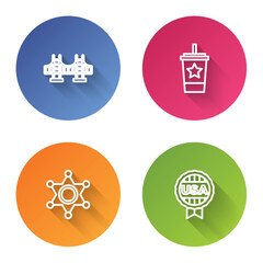 Set line Golden gate bridge, Paper glass with straw, Hexagram sheriff and Medal star. Color circle button. Vector
