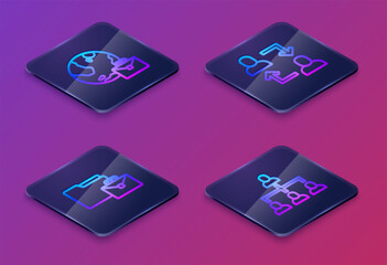 Set Isometric line Online working, , Project team base and Hierarchy organogram chart. Blue square button. Vector