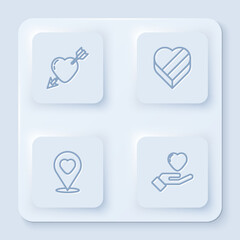 Set line Amour with heart and arrow, Candy in shaped box, Location and Heart hand. White square button. Vector