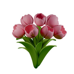 Modern 3D flower bouquet icon with soft effect, featuring a delicate arrangement of pink tulips, isolated on transpent background