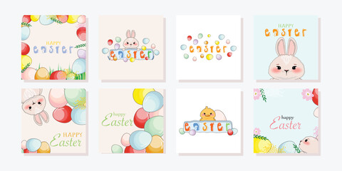 Fototapeta premium Cohesive set of 8 Easter designs: playful bunnies, colorful eggs, watercolor florals, and festive typography templates.