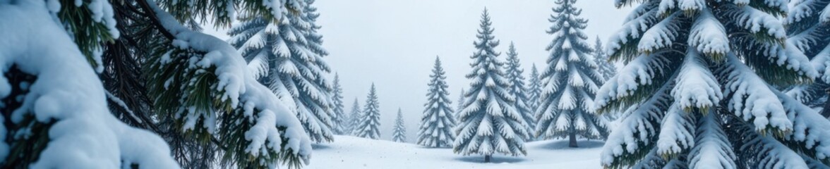 Obraz premium Towering coniferous tree with snow-covered branches in winter, forest, snow