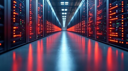 A high-tech data center showcasing rows of servers with glowing lights and reflective floors